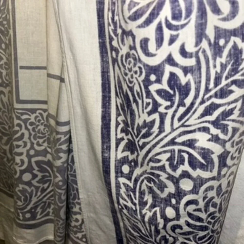 Vintage pale plum white block print painted linen square table cloth 47x48